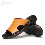 Mens Slippers Outdoor Summer Genuine Leather Slides for Men Couple Non-slip Women Home Fashion Casual Single Shoes Large