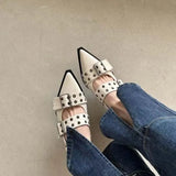 Big Size Summer New Korean Version of Shallow Mouth Flat Women's Shoes Belt Buckle Small Pointed Head Rivet Single