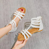 2023 Summer Shoes Woman Sandals Flat Sandalias Zip Pu Leather Narrow Straps Slides Shoes White Gladiator Beach