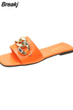 Fashion Metal Chain Summer Mules for Women Square Head Slip on Flip Flops Slides Slipper Women's Sandal Flat Shoes