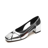 Breakj Vintage Silver Shallow Mouth Sandals Women's Low Heel Summer 2023 New Style Elegant Soft Leather Square Head Thick Heel Mary Jane