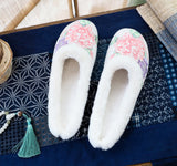 Breakj Single Slippers / Cotton Slippers Linen Peony Embroidered Round Head Flat Cloth Shoes Sandals Embroidered Women's