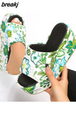 Print Chunky Platform Slippers Women Fashion Flower Thick Bottom Slides Woman Pu Leather Flip Flops Summer Female