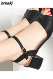 4.5CM Open toe Leather Roman Square heel High heels sandals women summer shoes Fashion Sexy word Metal Buckle ladies