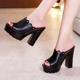 Toe Plus Size 32-43 Block Heels Platform Shoes Woman Summer Slippers 2021 Super High Heels Leather Slides Women