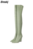 Elegant Woman Thigh High Botas Outdoor Wedges Leather Slip-on Ladies Shoes Thick Bottom Over-knee Boots Big Size