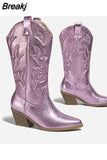 Vintage Style Western Boots For Women 2023 New Arrived Embroidery Mid Calf Boots Pointed Toe Autumn Winter Ladies