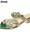 New 2023 Rhinestone Slippers Ladies Chunky Heels Hollow Casual Slippers Fashion Beach Shoes Woman Sandalias De
