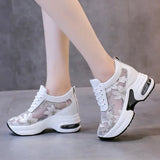Flower Embroidered Mesh Breathable Ladies Wedge Platform Sneakers High Heels Lace-Up Shoes Comfortable Height