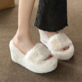 Winter Wedge Fluffy Slippers Woman 2023 New Home Fur Slippers for Women Chunky Platform Slides Cozy Fuzzy Indoor