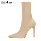 Comfort Stretch Women Sock Boots Square High Heel Ankle Boots Fashion Pointed Toe Fall Stretch Shoes Black Big Size