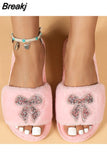 New Style Women's Home Fur Slippers Woman Red Lips Rhinestone Fur Home Slippers Flat Indoor Floor Shoes Women