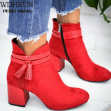 Red Tassel Ankle Shoes Women's Shoes Single Boots Autumn Winter Pointed Toe Thick with Short