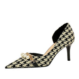 Breakj Korean Version With High Heel Shallow Mouth Pointed Head Side Hollow Cloth Plaid Grain Pearl Metal Chain Thousand Bird Case Single