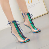 Clear Chunky Heels Women Ankle Boots Summer Sandals Sexy PVC Transparent Gladiator Sandals Cross Strappy Peep Toe