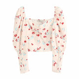 Printingt Square Collar Women Slim Shirt Crop Tops 2019 Autumn Leisure Lady Puff Sleeve Blouse