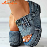 For Dropship 2023 New Summer Elegant Wedge Slide Sandals For Women Denim Single Band Flatform Sandals Beach