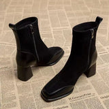 Women's Boots Square Toe Solid Shoes for Women Trend Outdoor Short Tube Boots Square Heel Zippered High Heels Zapatos De