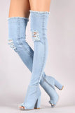 Selling Denim Blue Over The Knee Boots Sexy Chunky Heels Tight High Boots Women Jeans Peep Toe Gladiator Sandal
