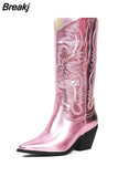 Cowboy Western Boots Great Quality 2023 Spring Summer Brand Design Shining Embroidery Fashion Mid-calf Boots