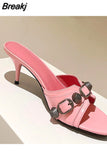 Ladies Slippers Rivet Buckle Strap Women's Shoes 2023 Trend Summer Black Leather Low Heel Gladiator Sandals Women
