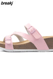 Fashion Women Wedge Cork Slipper 2023 New Summer Beach Outside Buckle Trifle Platform Med Heel Slide
