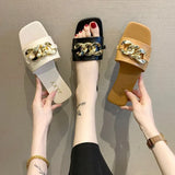Fashion Metal Chain Summer Mules for Women Square Head Slip on Flip Flops Slides Slipper Women's Sandal Flat Shoes