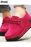 Autumn Women Faux Suede Wedges Lace-Up Loafers Platform Sewing Casual Ladies Moccasins Flats Footwear Chaussures
