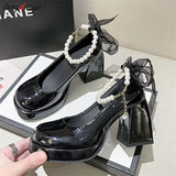 Ladies High Heels Elegant Bow Square Toe Black High Heels Fashion Thick Heel Wedding Party Pearl Lace Wedding Shoes