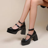 Women Heels Fashion Bow Heart Buckle Platform Lolita shoes Women Pumps Leather High Heels Square Toe Mary Janes Shoes
