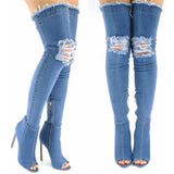 Ripped Jeans Thigh High Boots Peep Toe Zipper Stretch Denim Over The Knee Boots Thin Heels Women Gladiator Party