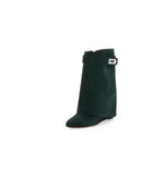 Suede Shark Lock Boots Pointed Toe Height Increasing Women's Ankle Winter Runway Boots Size 10 Sexy Woman Ankle