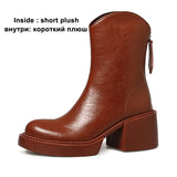 Women Genuine Leather Ankle Western Boots Round Toe Platform Block High Heel Lady Zipper Short Boot Autumn Winter