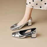 Breakj Vintage Silver Shallow Mouth Sandals Women's Low Heel Summer 2023 New Style Elegant Soft Leather Square Head Thick Heel Mary Jane