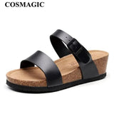 2023 Summer Women Beach Med Heel Cork Slippers Casual PU Leather Wedge Platform
