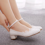 Queen White Lace Women Pumps Platform 3CM High Heels Ankle Strap Ladies Office Party Dance Wedding