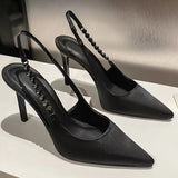 High Heels Slingback Silver Women Pumps Metallic Crystal Sandals Pointy Toe Stiletto Heeled Shoes Party Dress Shoes