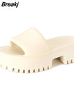 Dropship 2023 Summer Brand New Women Single Band Platform Sandals Black Nylon Chunky Platform Wedges Slipper