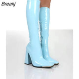 Boots Square Heel Knee-High Classic Square Toe Boots PU Leather Zip Boots Party Dress Dance Shoes Botas De