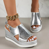Silver PU Leather Wedge Sandals for Women 2023 Summer Peep Toe Platform Sandles Woman Plus Size Thick Sole Sandalias