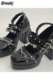 Chunky Heel Gothic Style Women Mary Janes Pumps Vampire Cosplay Brand Design Metal Decoration Women Pumps