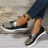 Women 2023 Autumn Sliver Gold Platform Sneakers Slip On Pu Loafers Vulcanized Shoes Casual Ladies Wedges Moccasins Plus