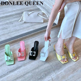 Button Slippers Women Fashion Square Toe High Heel Slide Candy Color Sandal Ladies Elegant Mule Shoe Flip Flops