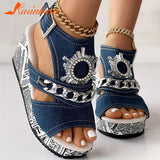 For Dropship 2023 New Summer Elegant Wedge Slide Sandals For Women Denim Single Band Flatform Sandals Beach