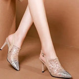 High Heels Sandals Woman Mesh Summer Shoes Women Pumps Pointed Toe Ankle Buckle Strap Ethnic Embroidery Flower