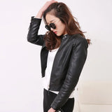 European Style O Neck PU Leather Jacket New Fashion Motorcycle Leather Outwear Women Slim Biker Coat Basic