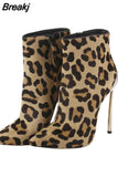 Women Ankle Boots Sexy Leopard Occident Pointed Toe Boots For Party Shoes Zipper Side Metal Spool Heel Booties 2023 Ladies