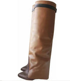 Lock Folded Woman Wedge Boots Black Leather Belt Height Increasing Knee High Boots Pointed Toe Winter Long Boots