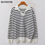 Casual Turn-down Collar Striped Women Sweaters 2021 Autumn Sweater Long Sleeve Loose Female Knitted Pullovers