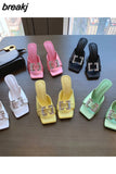 Button Slippers Women Fashion Square Toe High Heel Slide Candy Color Sandal Ladies Elegant Mule Shoe Flip Flops